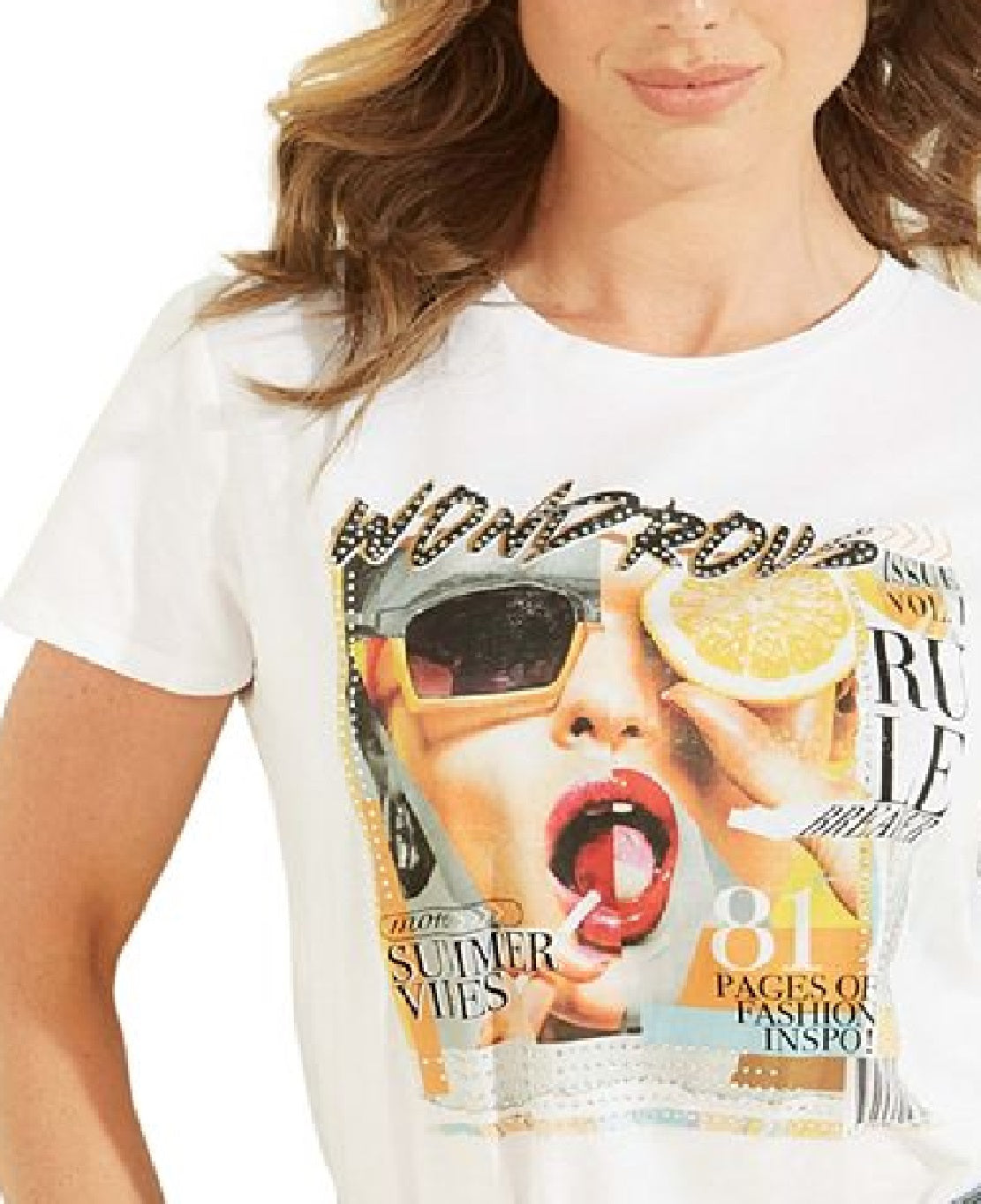 GUESS Women's Embellished Graphic Print Cotton T-Shirt White Size Medium