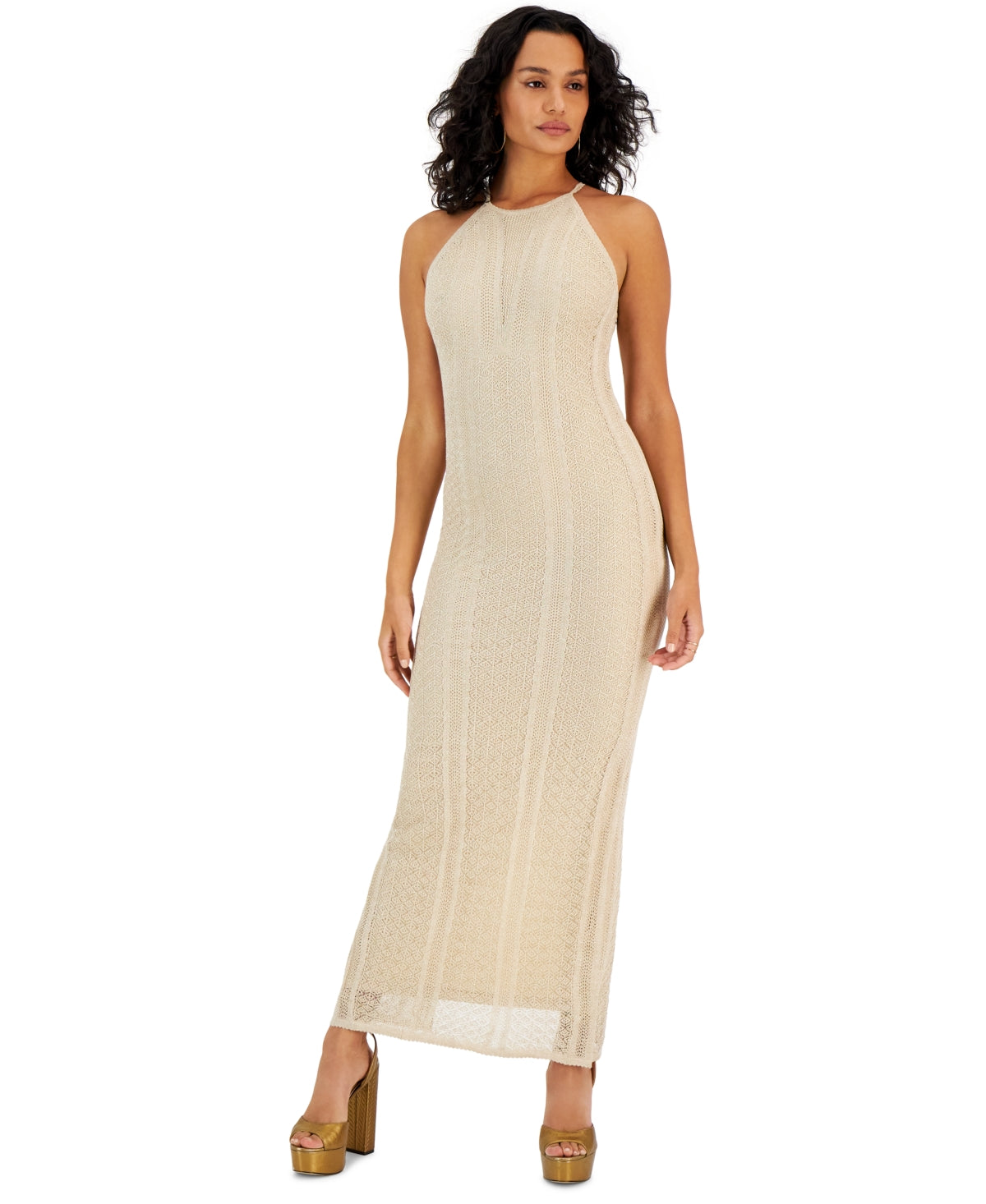 GUESS Women's Ramona Pointelle Halter Maxi Dress Brown Size Medium