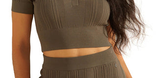 GUESS Women's Amalia Crop Ribbed Polo T-Shirt Brown Size Large