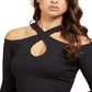 GUESS Women's Cold Shoulder Crossover Halter Top Black Size X-Large