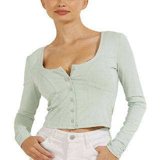 GUESS Women's Amori Button Up Top Green Size X-Small