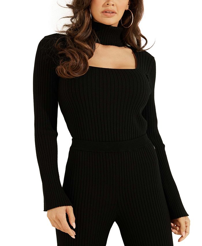 GUESS Women's Colette Rib Knit Cutout Turtleneck Sweater Black Size Medium