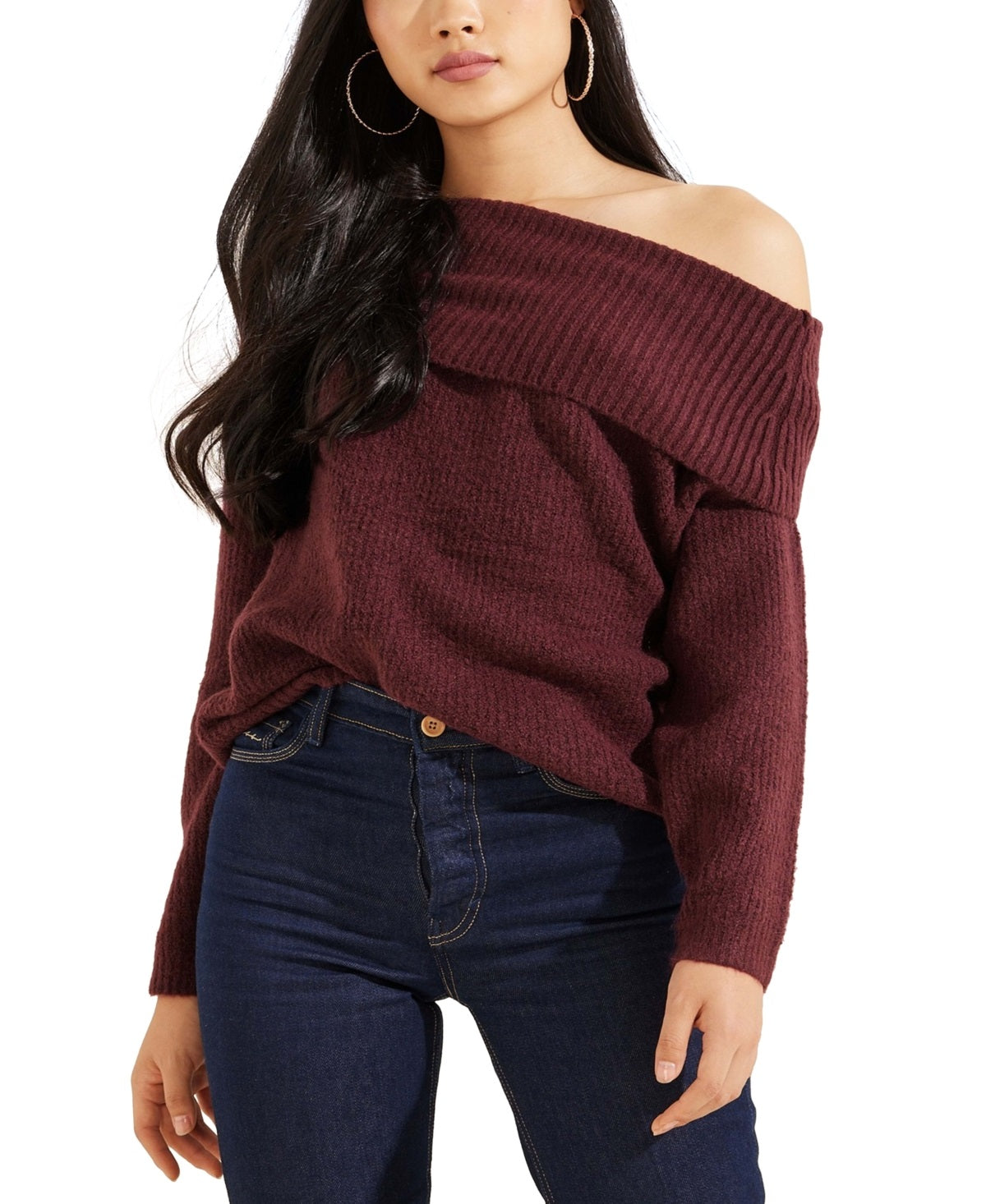 GUESS Women's Gerri Ribbed Off The Shoulder Sweater Red Size X-Large