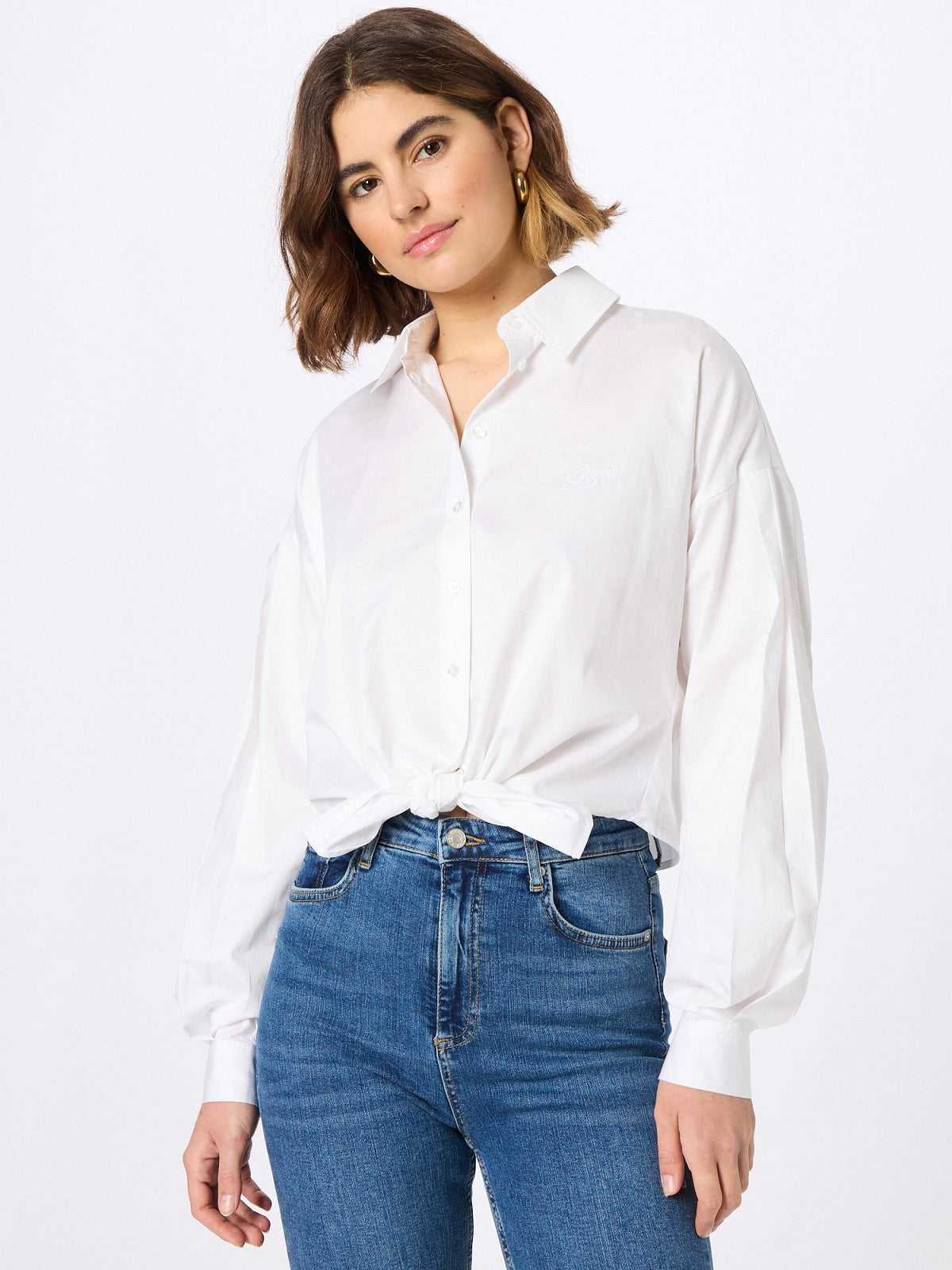 GUESS Women's Savina Cotton Tie Front Cropped Shirt White Size Small