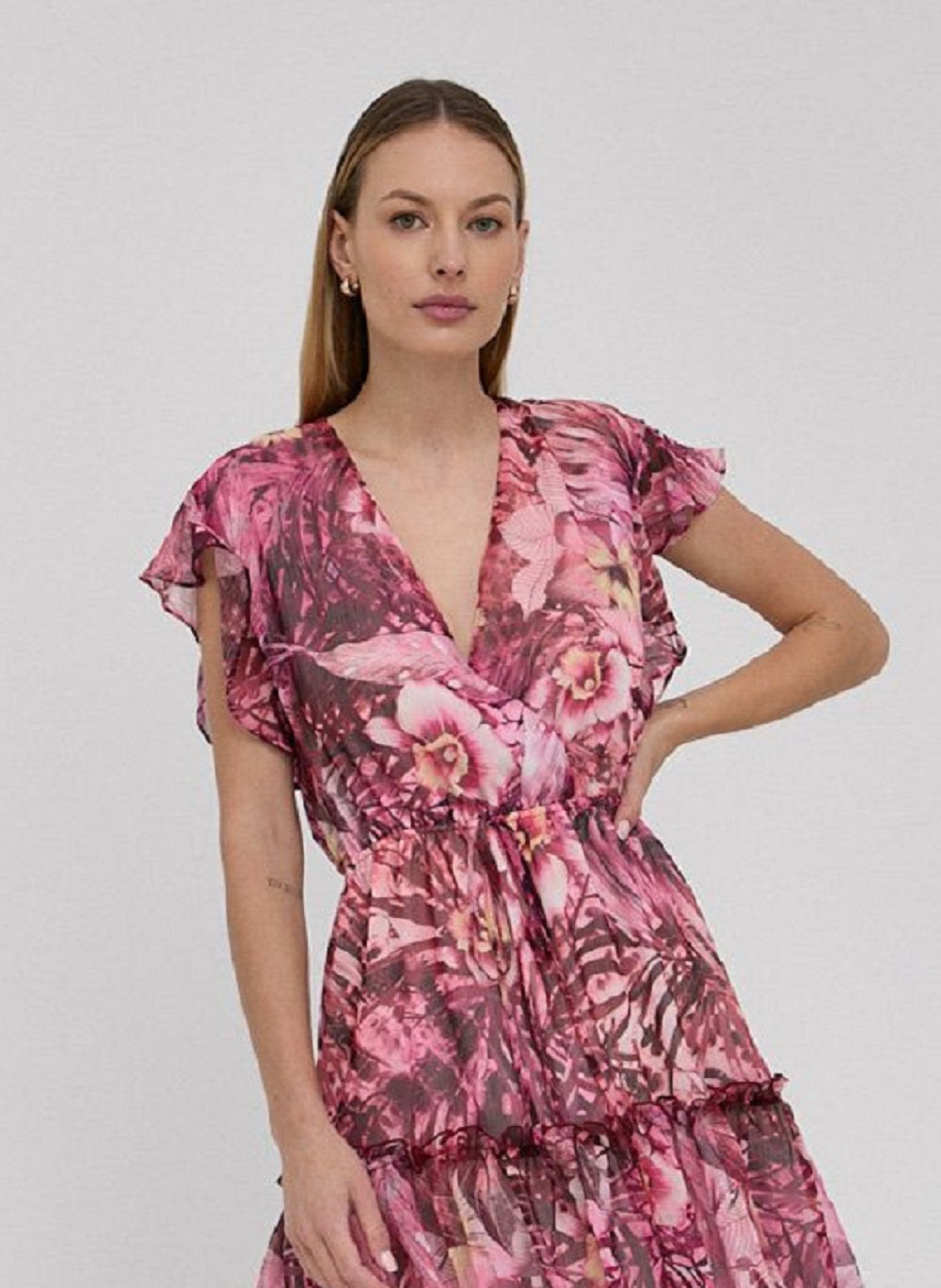 GUESS Women's Rosa Floral Print Flutter Sleeve Dress Pink Size Medium