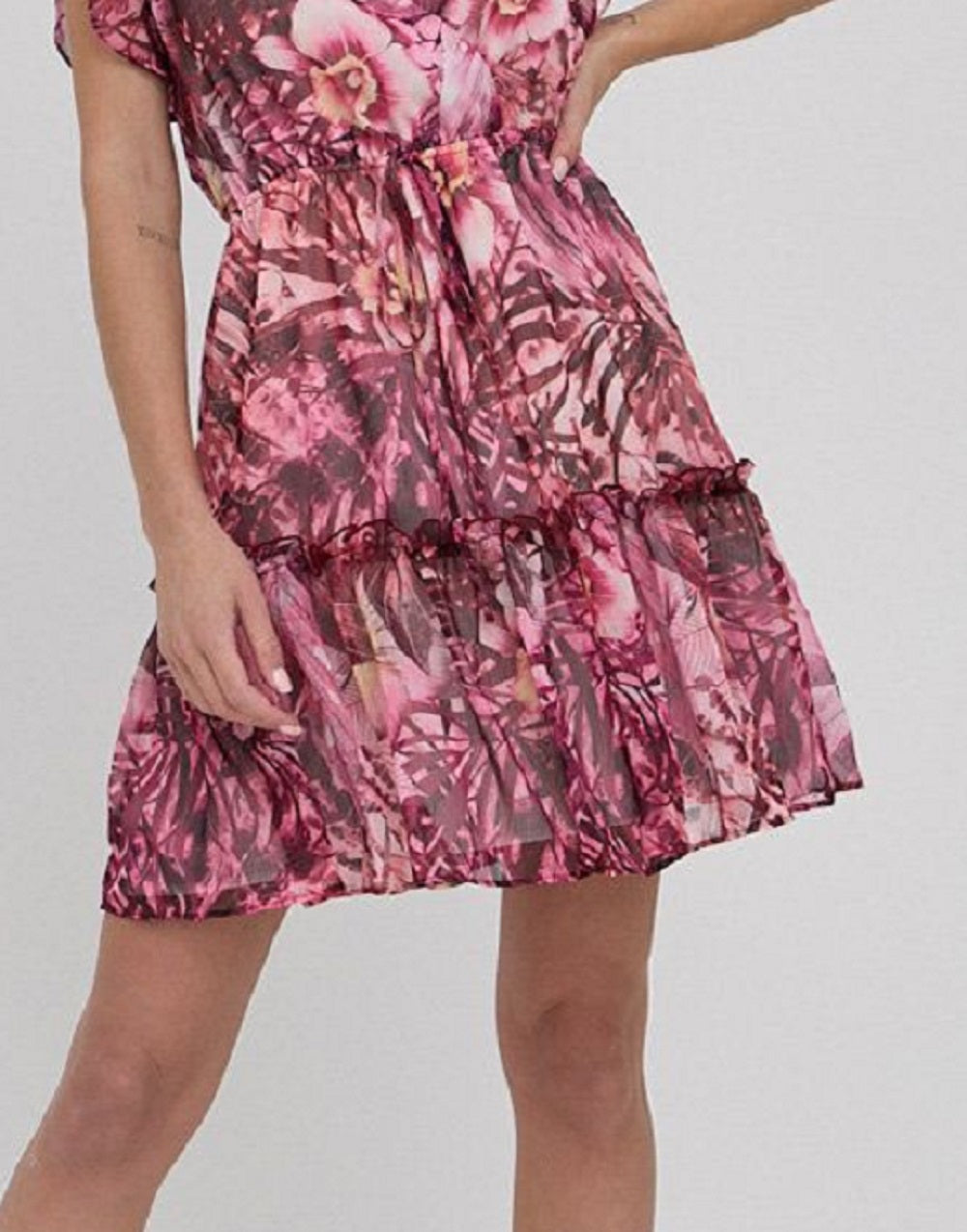 GUESS Women's Rosa Floral Print Flutter Sleeve Dress Pink Size Large