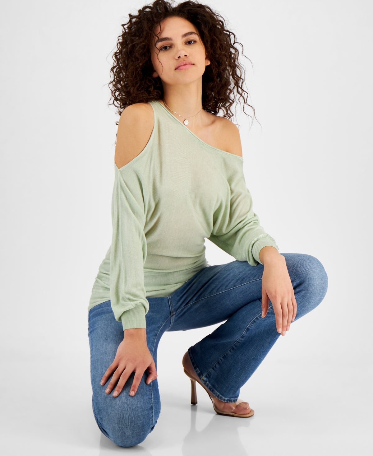 GUESS Women's Audrey One Shoulder Sweater Green Size Large