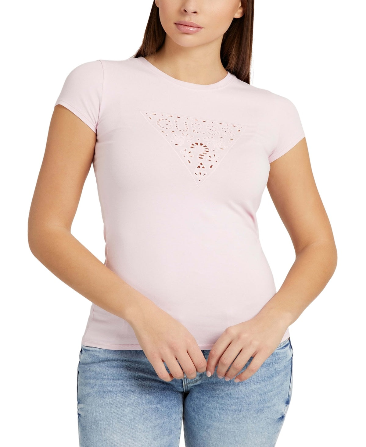 GUESS Women's Eyelet Logo T-Shirt Pink Size Small
