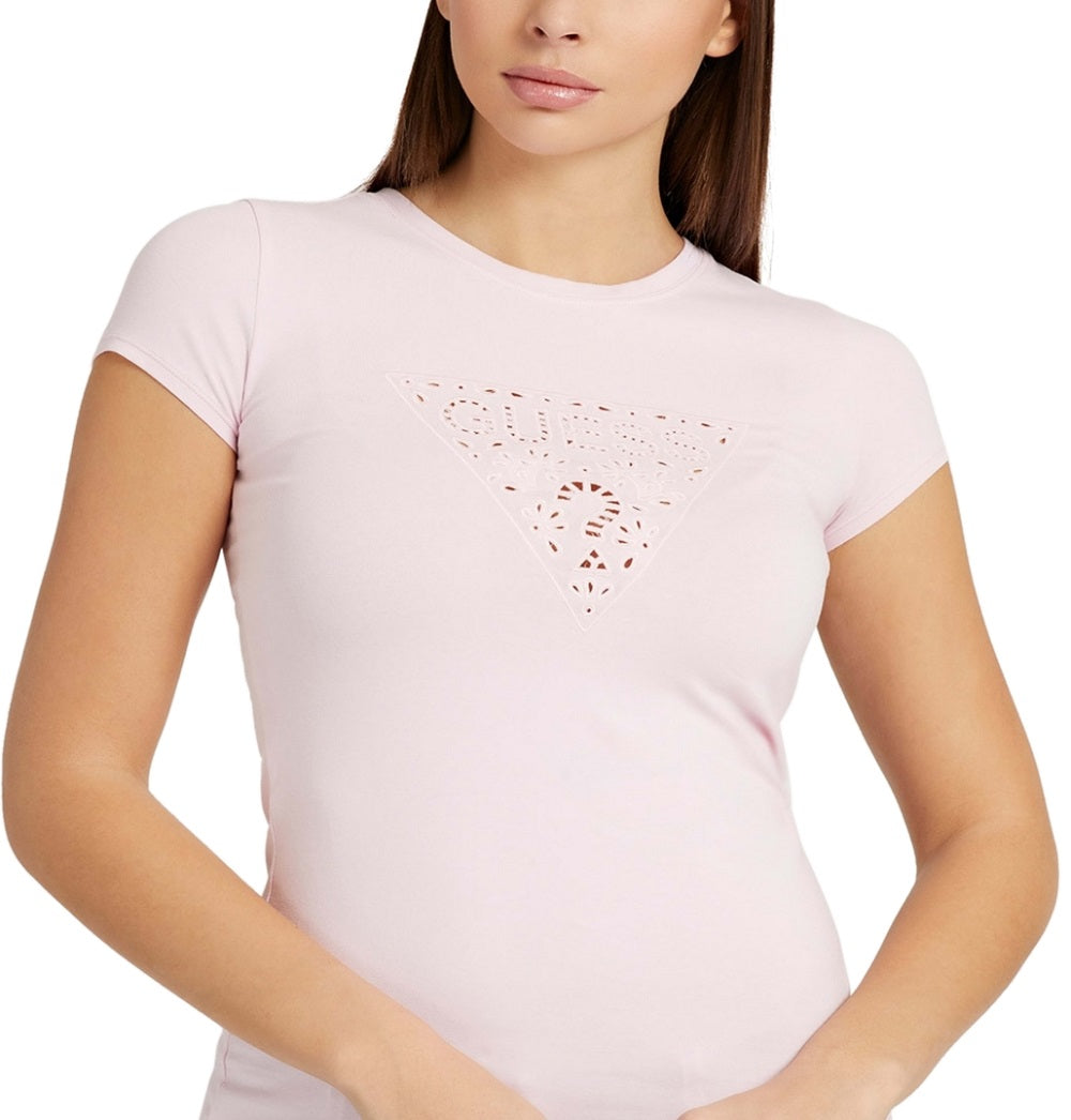 GUESS Women's Eyelet Logo T-Shirt Pink Size Small