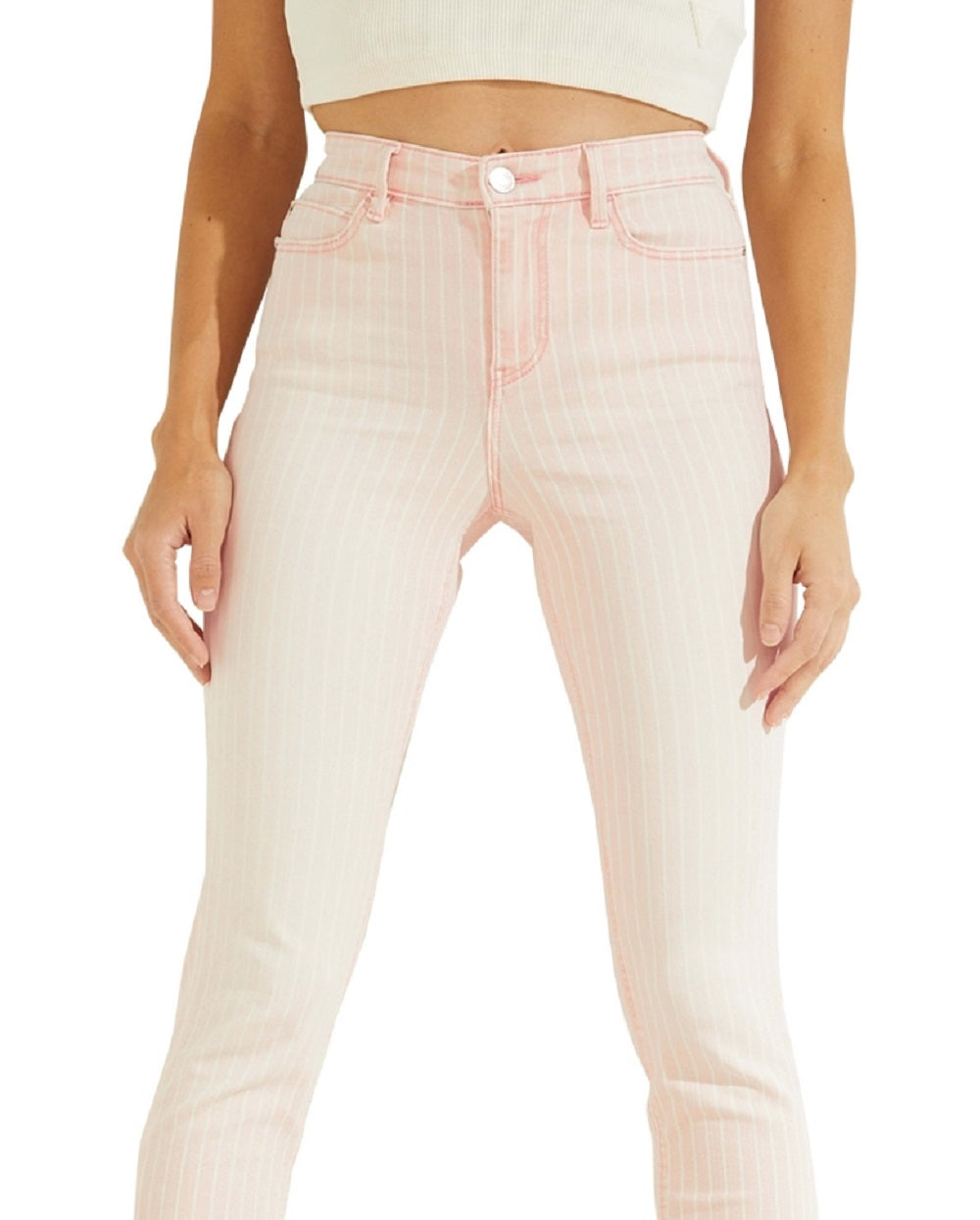 GUESS Women's 1981 Striped Skinny Jeans Pink Size 30X29