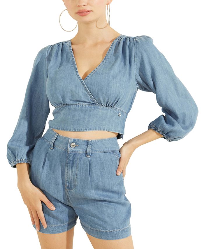 GUESS Women's Faux Wrap Crop Top Blue Size X-Small