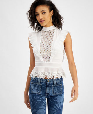 GUESS Women's Jamie Cotton Lace Detail Top White Size Medium