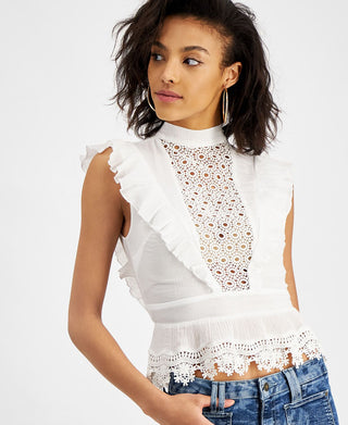 GUESS Women's Jamie Cotton Lace Detail Top White Size Medium
