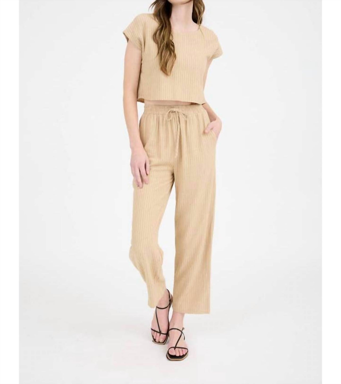 Blu Pepper - Pinstripe Drawstring Straight Leg Linen Pants