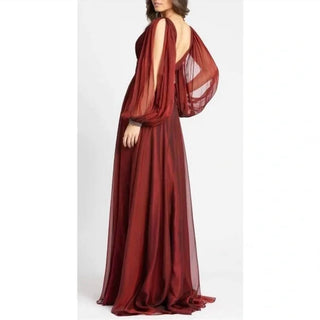 Mac Duggal - V-neck A-line Chiffon Gown Beaded Cuffs