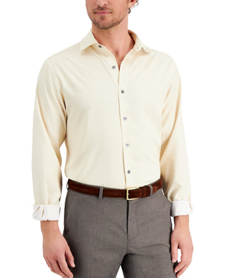 Alfani Mens Slim Fit 4 Way Stretch Geo Print Dress Shirt Beige Size 32X33
