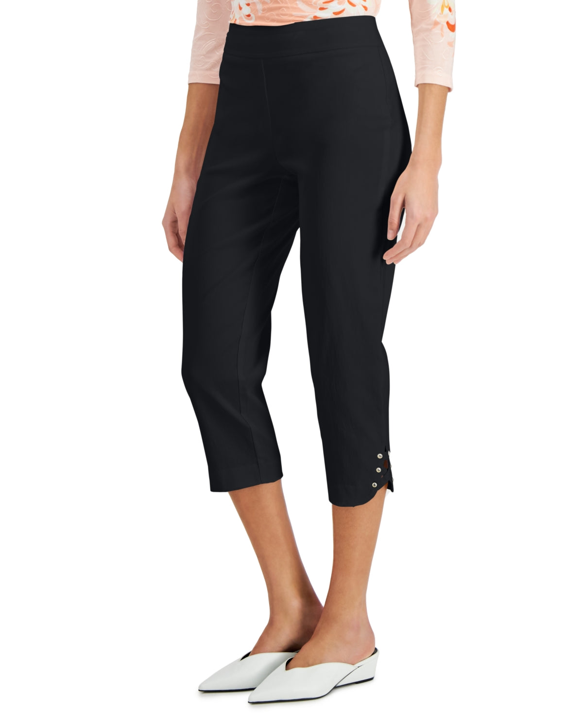 JM Collection Women's Lattice Hem Capri Pants Black Size X-Large