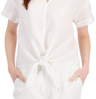 Charter Club Women's Linen Tie Front Top White Size XX-Large