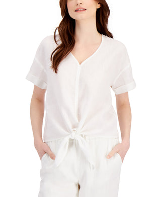 Charter Club Women's Linen Tie Front Top White Size XX-Large