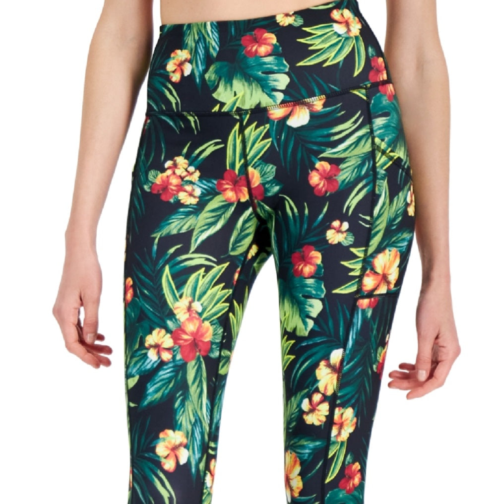 ID Ideology Women's Tropical Side Pocket Cropped Leggings Black Size Medium