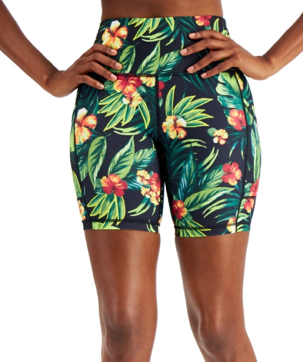 ID Ideology Women's Compression Tropical Print 7 Bike Shorts Black Size Medium