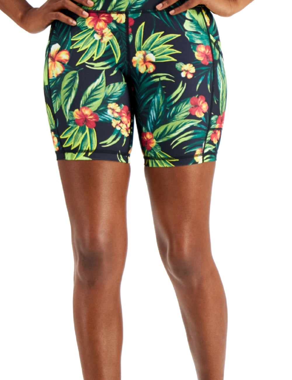 ID Ideology Women's Compression Tropical Print 7 Bike Shorts Black Size Medium