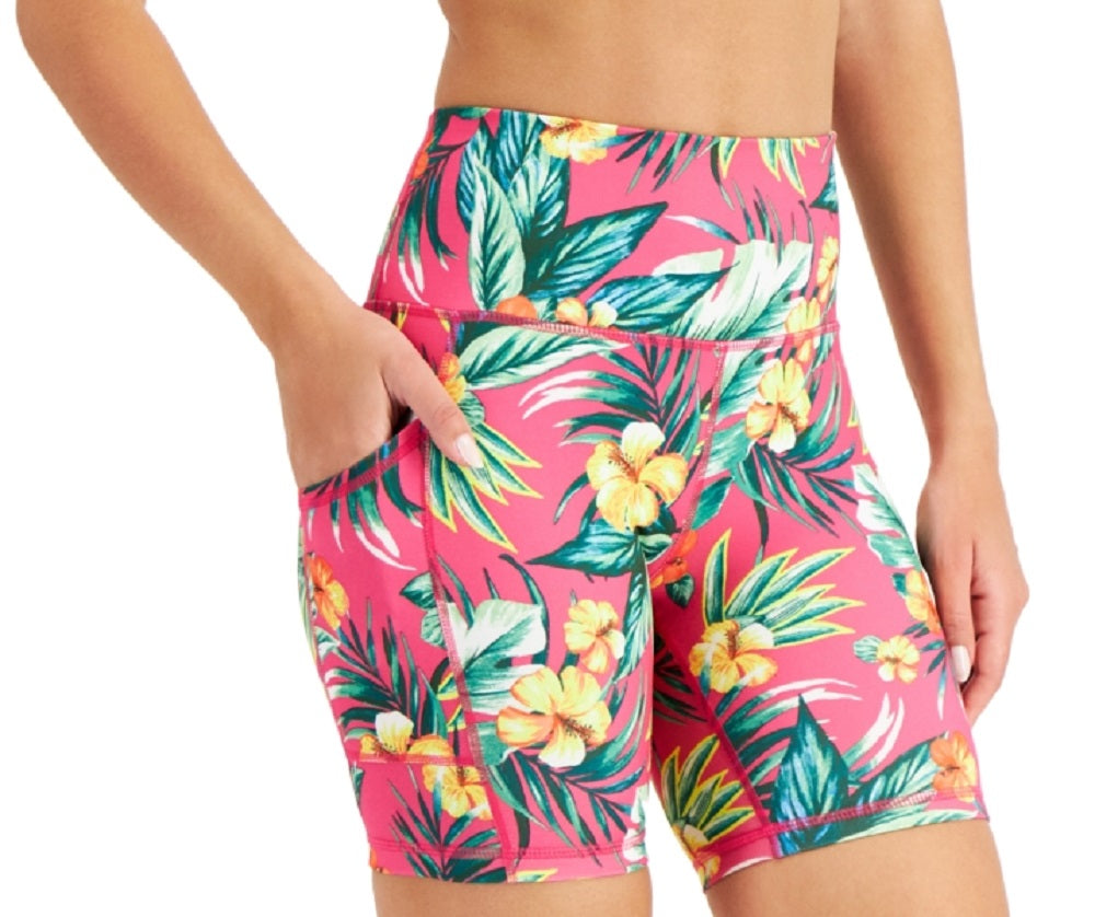ID Ideology Women's Compression Tropical Print 7 Bike Shorts Pink Size X-Large