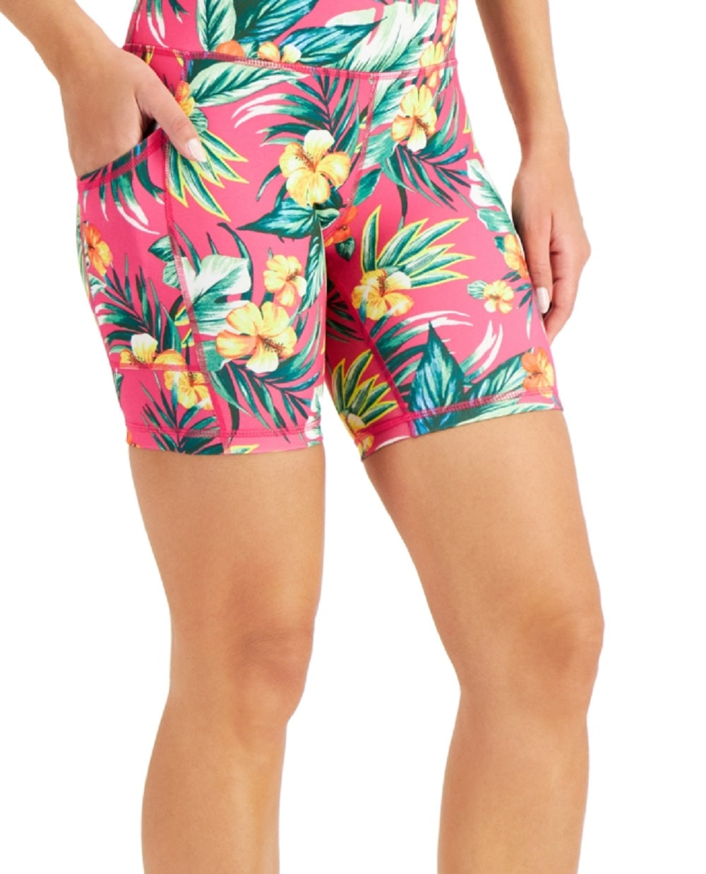 ID Ideology Women's Compression Tropical Print 7 Bike Shorts Pink Size X-Large