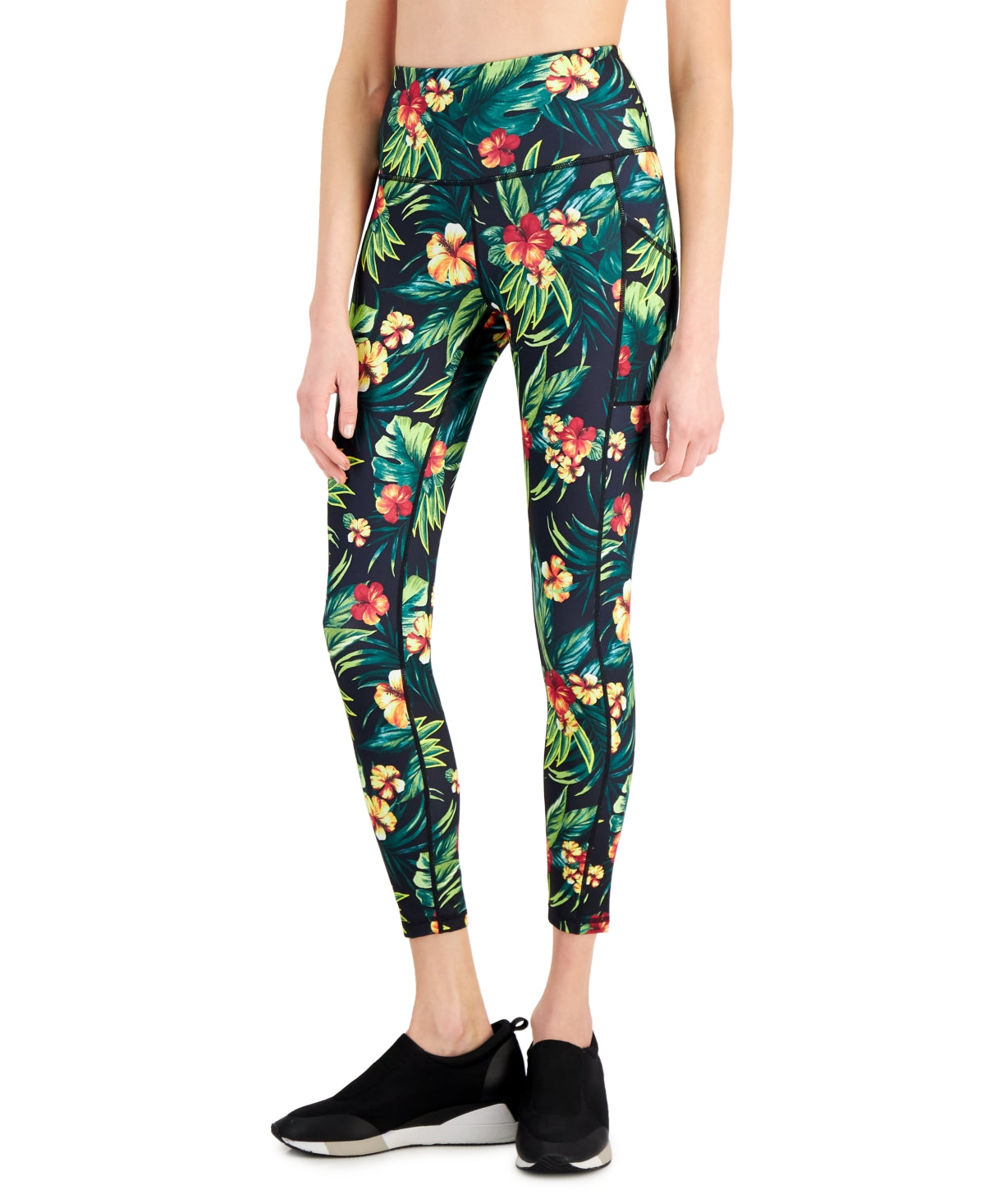 ID Ideology Women's Tropical Side Pocket 7/8 Leggings Black Size Petite