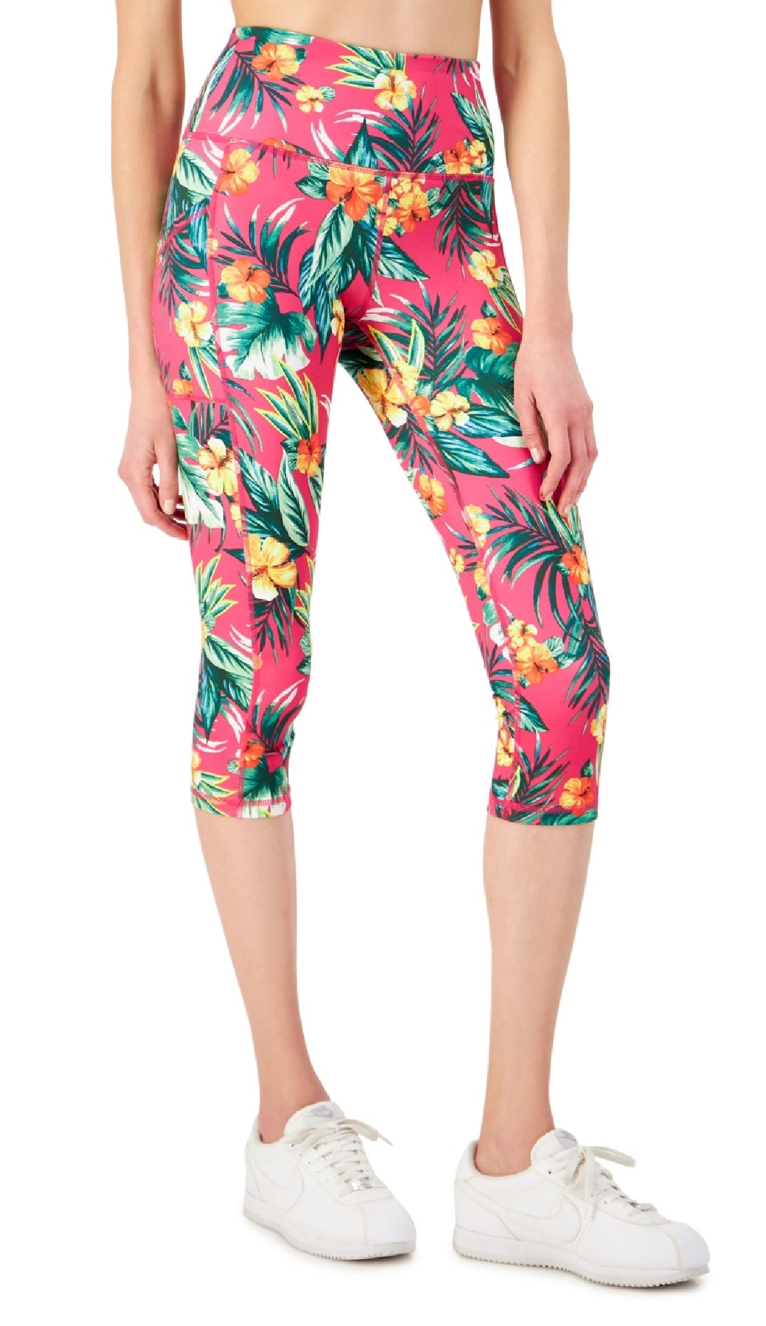 ID Ideology Women's Tropical Side Pocket Cropped Leggings Pink Size Petite Small
