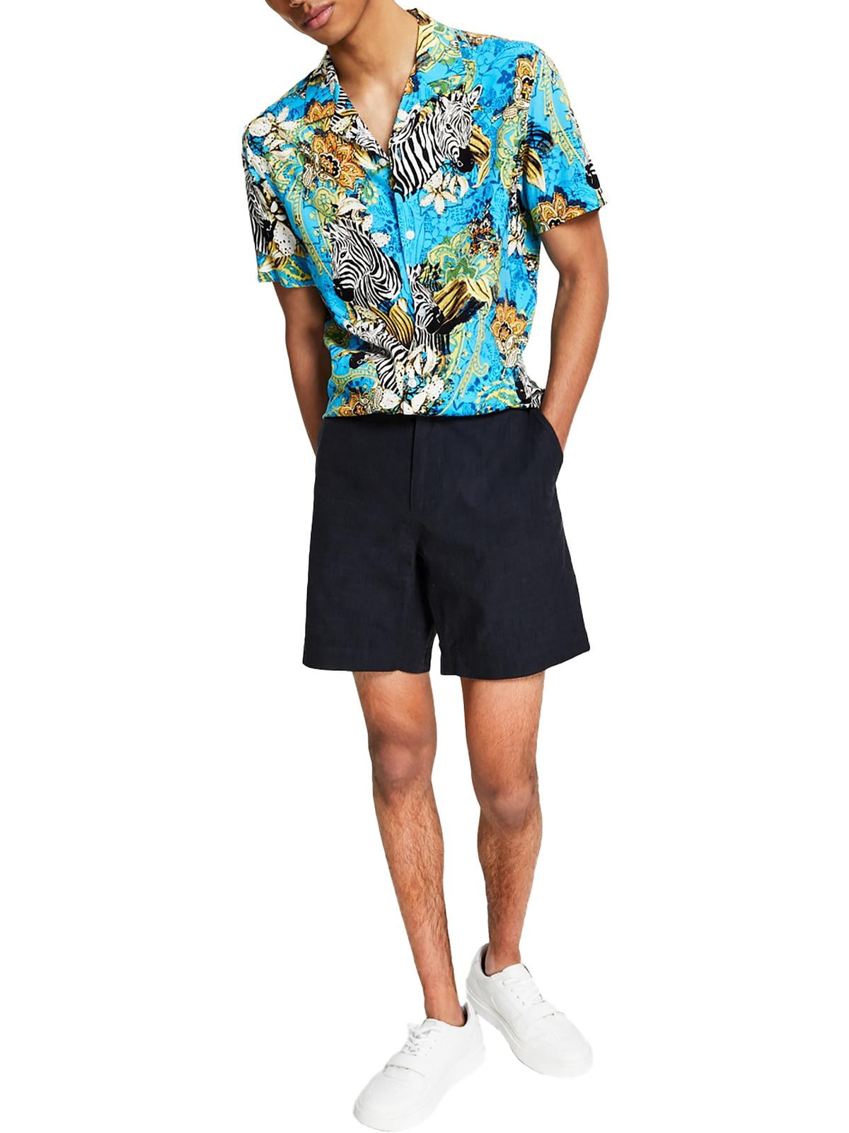 INC International Concepts Men's Chambray 7 Inseam Flat Front Shorts Black Size 36