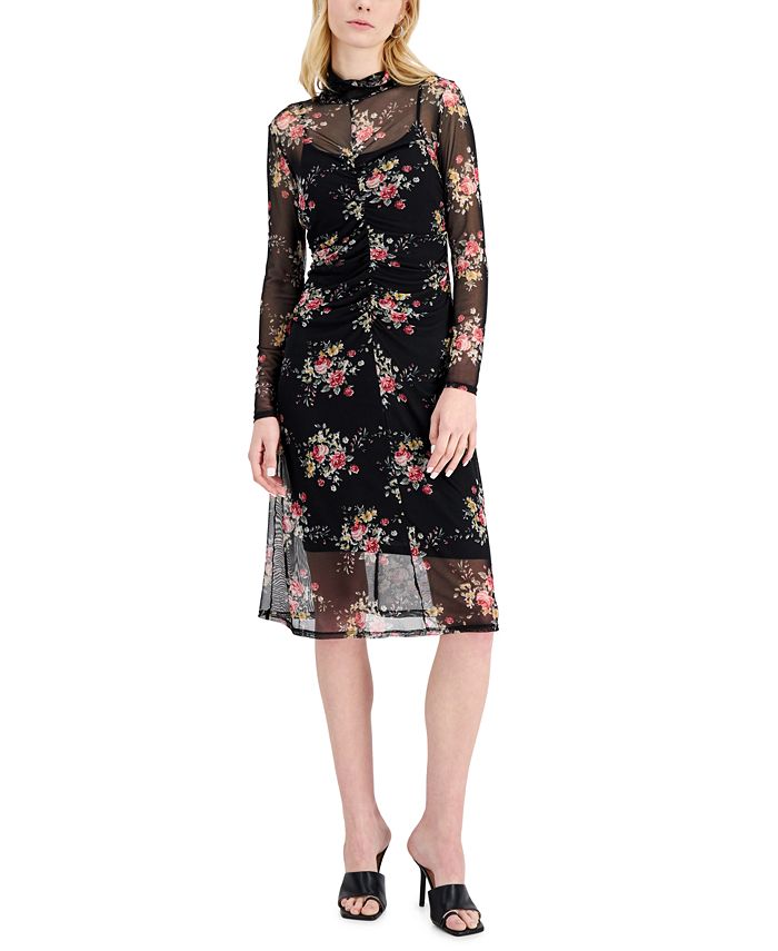 INC International Concepts Women's Printed Mesh MIDI Dress Black Size Petite S