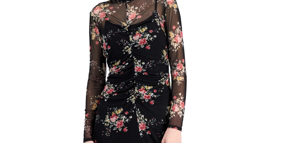 INC International Concepts Women's Printed Mesh MIDI Dress Black Size Petite S