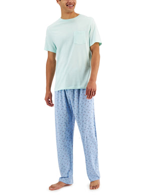 Club Room Men's 2 Pc Solid T-Shirt & Printed Pants Pajama Set Blue Size X-Large