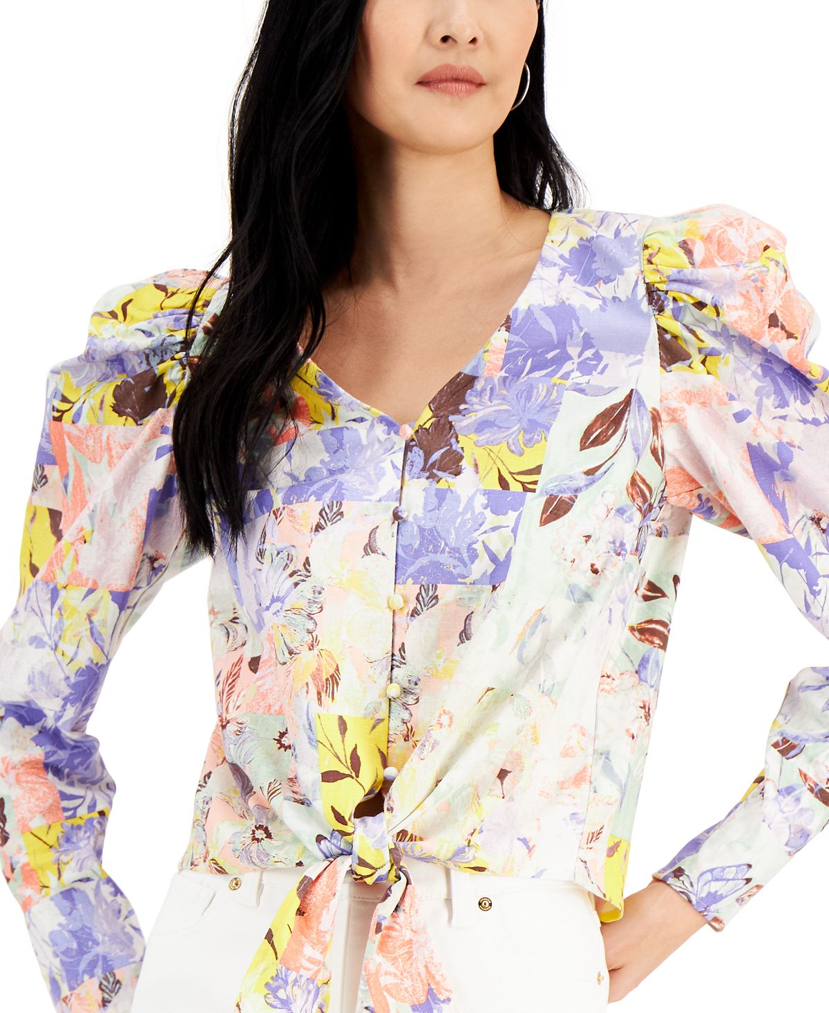 INC International Concepts Women's Button Up Tie Front Top Purple Size X-Small