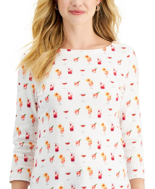 Charter Club Women's Cotton Printed Top White Size Large