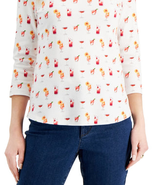 Charter Club Women's Cotton Printed Top White Size Large