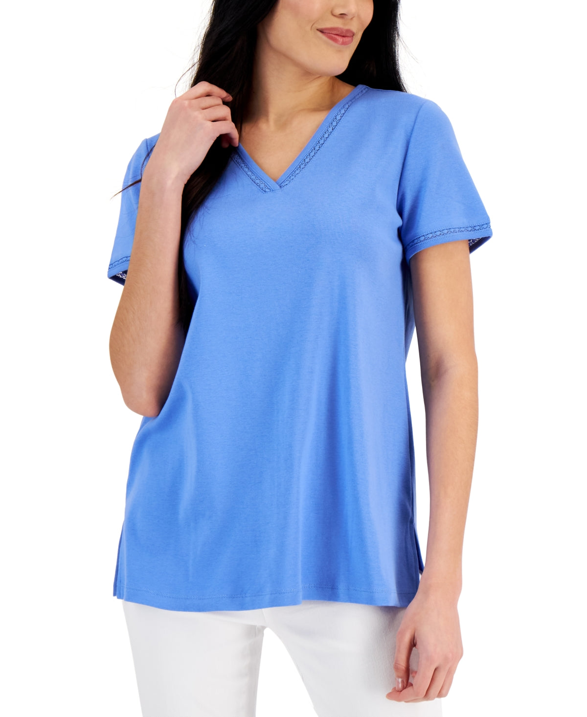 Karen Scott Women's Cotton Lace Trimmed Top Blue Size X-Small