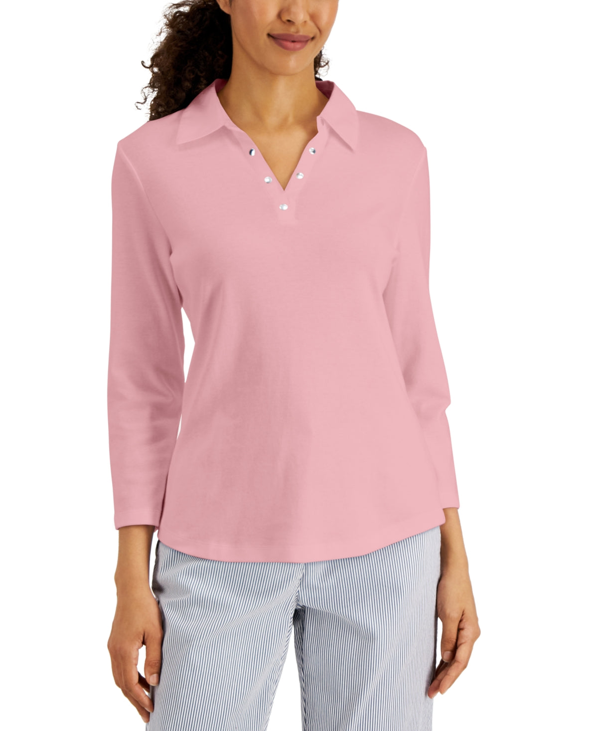 Karen Scott Women's Studded Johnny Collar Top Pink Size Large