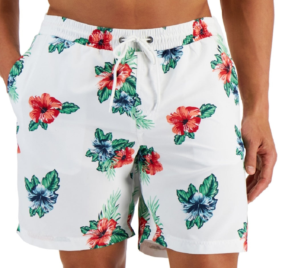 Club Room Men's Floral Print 7 Swim Trunks White Size XX-Large
