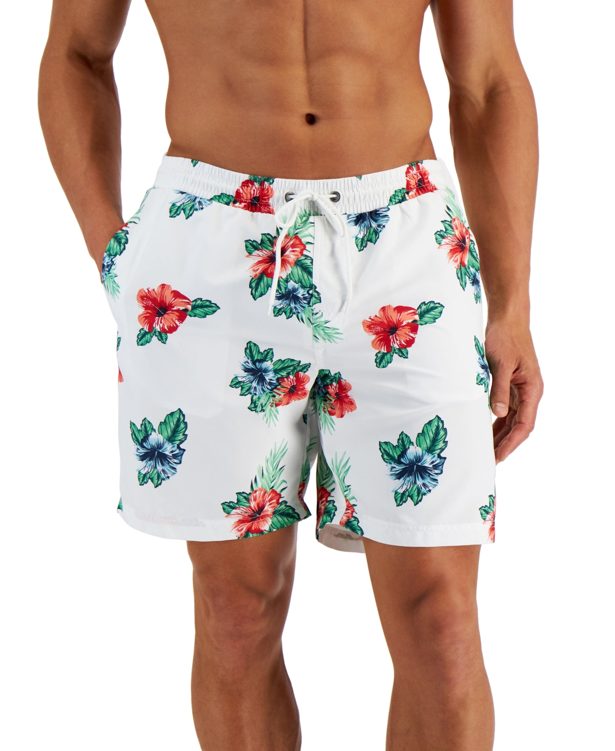 Club Room Men's Floral Print 7 Swim Trunks White Size XX-Large