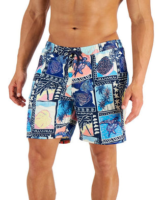 Club Room Men's Tropical Vintage Collage 7 Swim Trunks Blue Size XX-Large