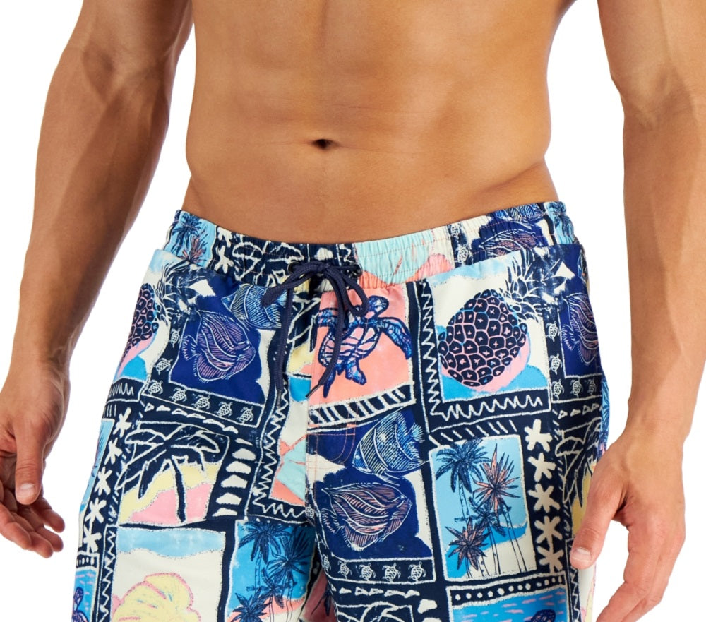 Club Room Men's Tropical Vintage Collage 7 Swim Trunks Blue Size XX-Large