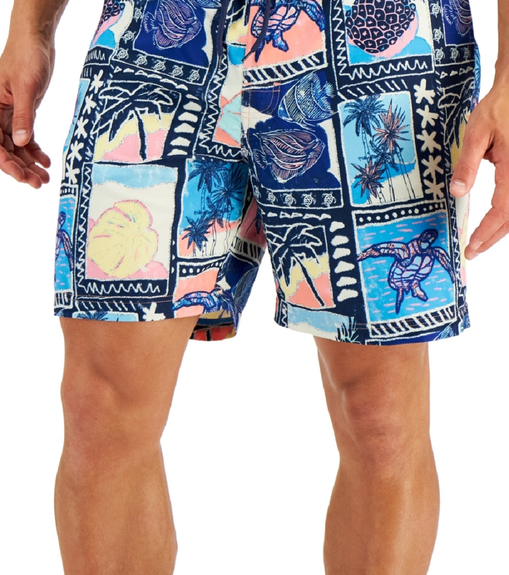 Club Room Men's Tropical Vintage Collage 7 Swim Trunks Blue Size XX-Large