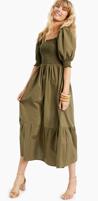 INC International Concepts Women's Smocked Ruffled Dress Green Size Petite Small