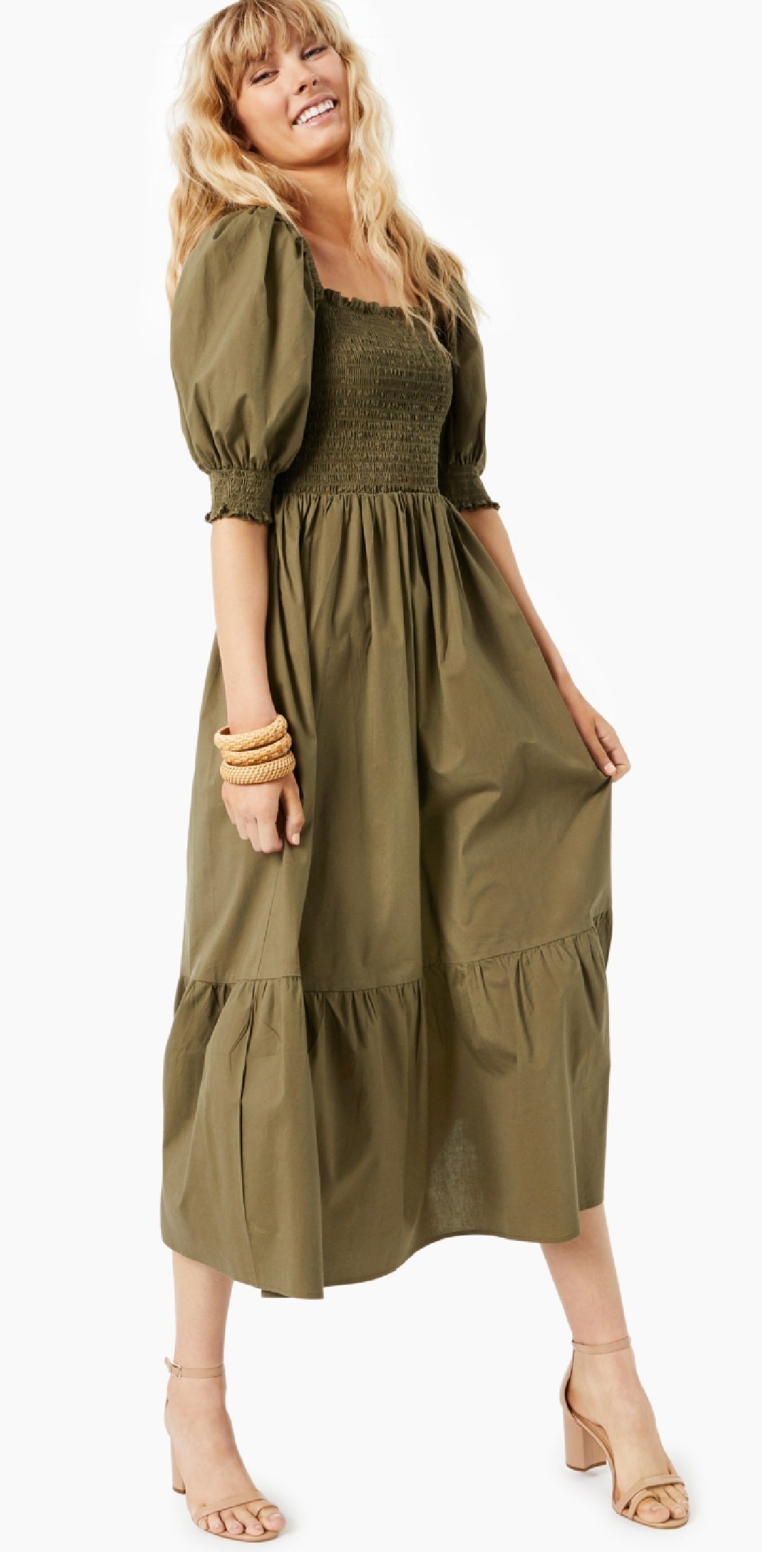 INC International Concepts Women's Smocked Ruffled Dress Green Size Petite Small