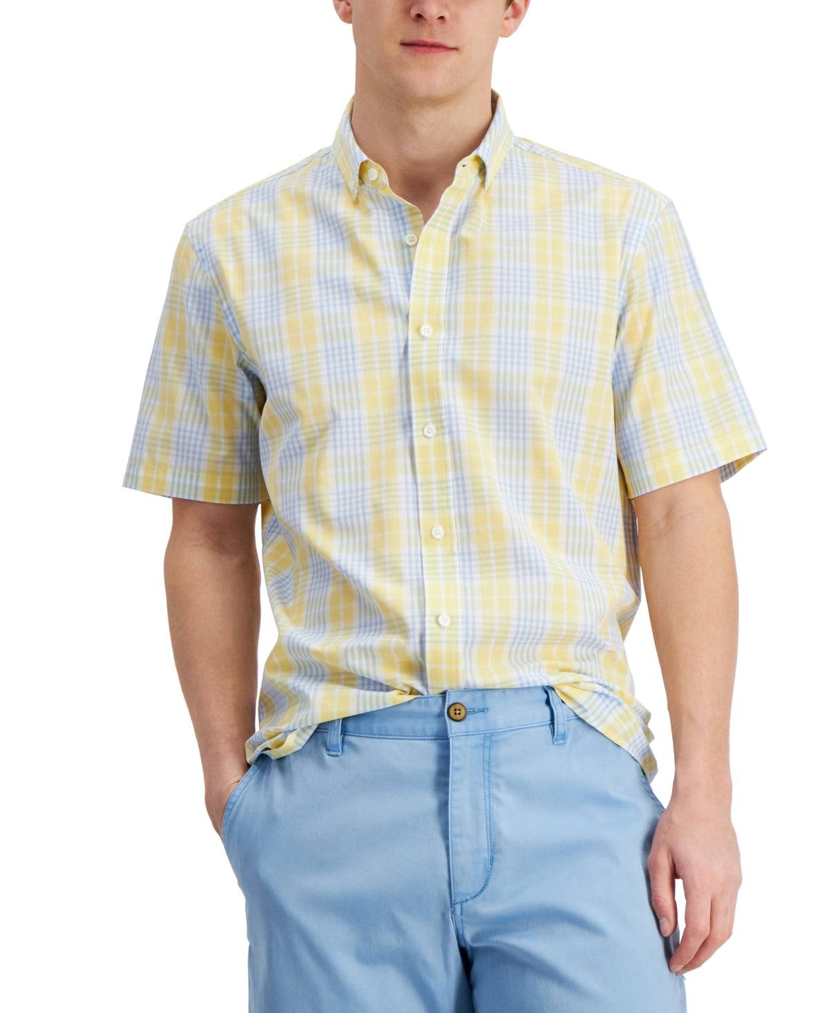 Club Room Men's Short Sleeve Printed Shirt Yellow Size Large