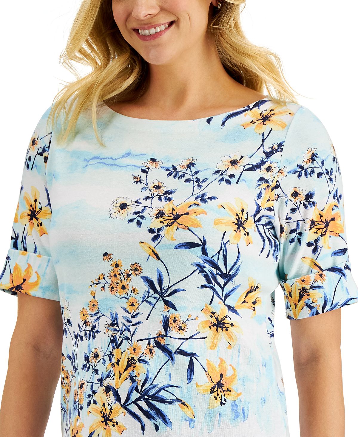 Karen Scott Women's Ocean Breeze Floral Print Elbow Sleeve Top Blue Size Small
