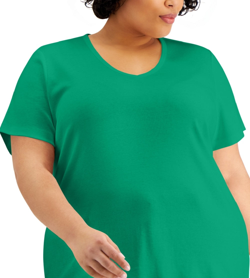 Karen Scott Women's Cotton V Neck Top Green Size 2X
