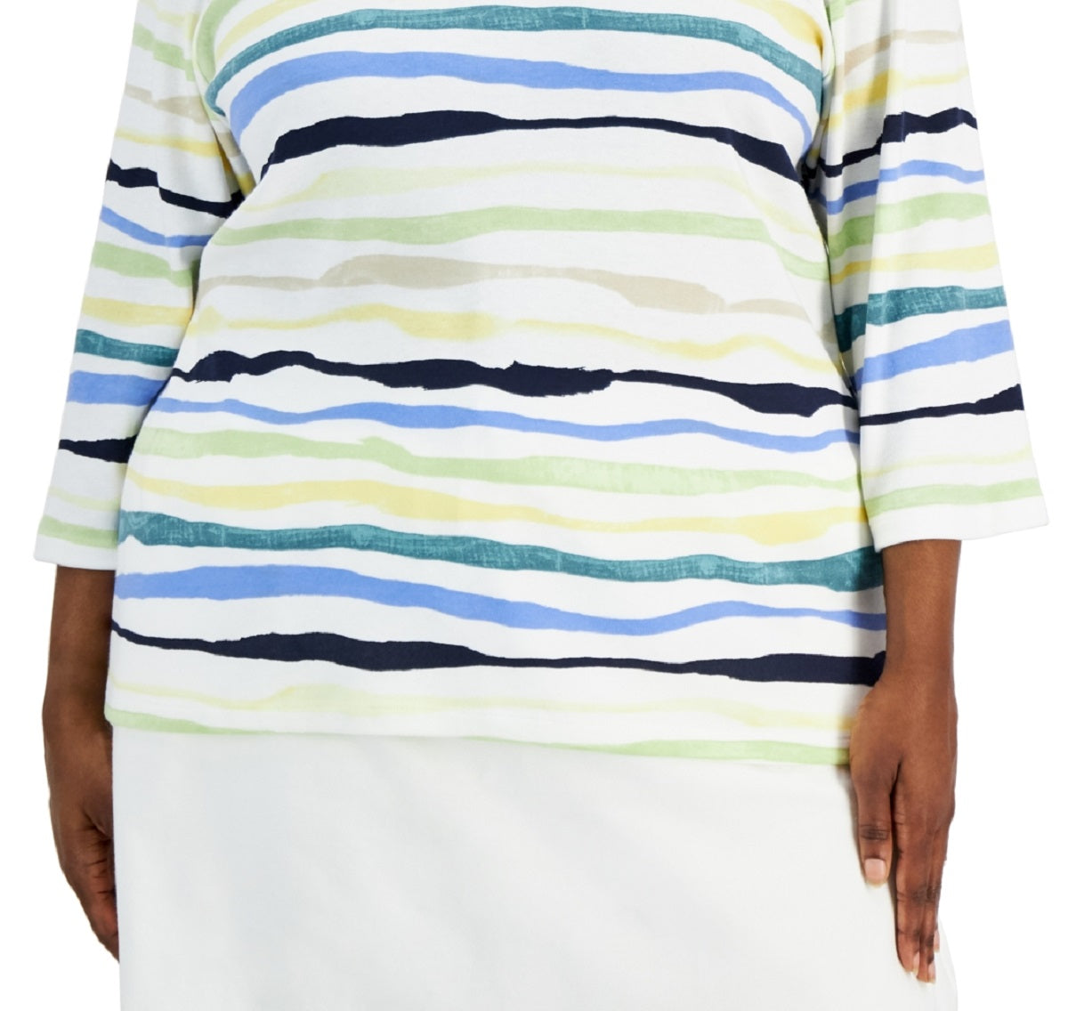 Karen Scott Women's Sasha Stripe 3/4 Sleeve Top Green Size 2X